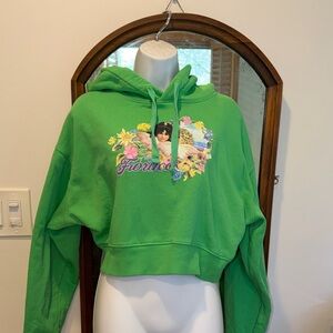Fiorucci Bright Green Cropped Hoodie with Angel Floral Graphic M